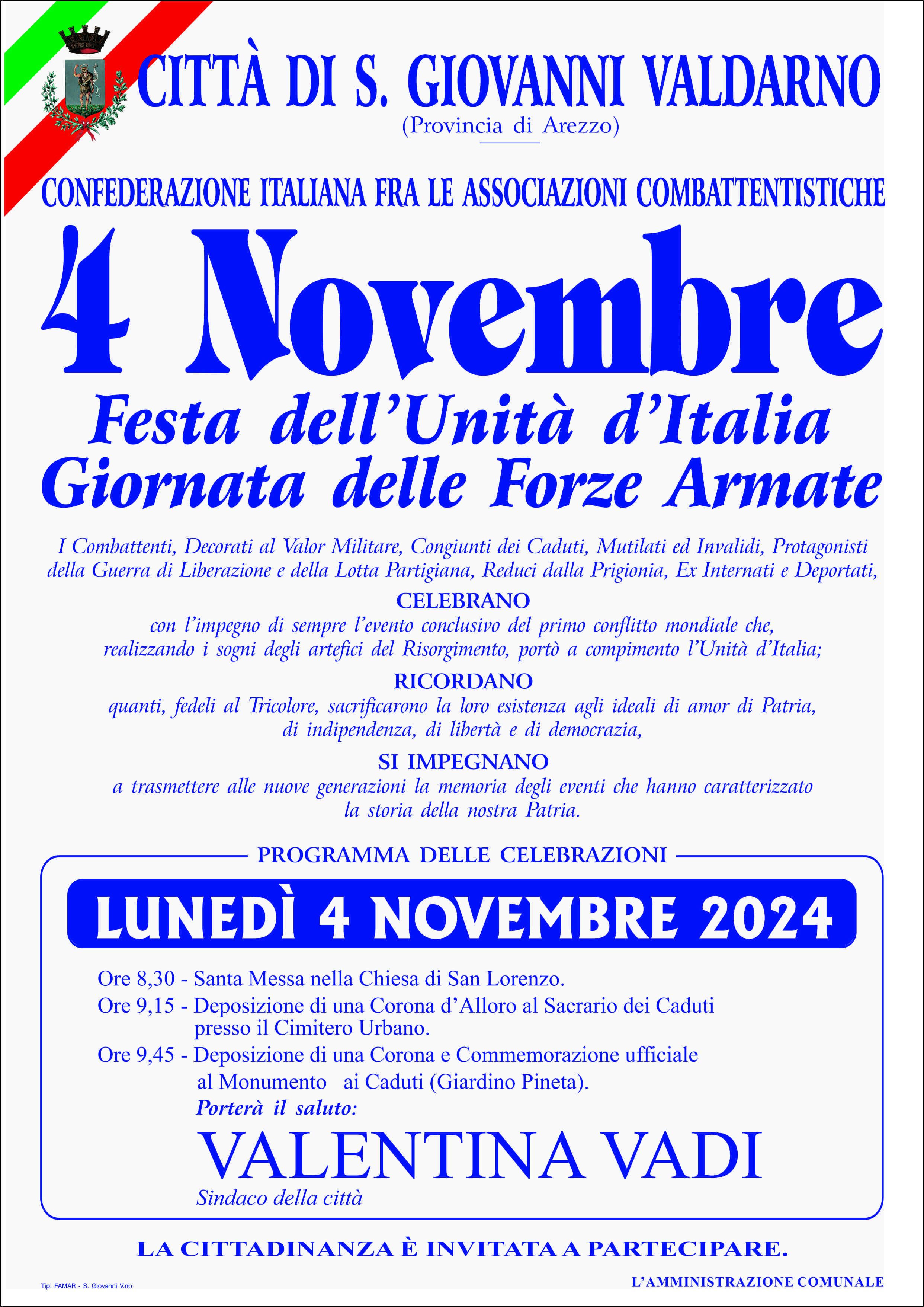 4 Novembre, festa dell’Unità nazionale e giornata delle forze amate. Le celebrazioni a San Giovanni Valdarno