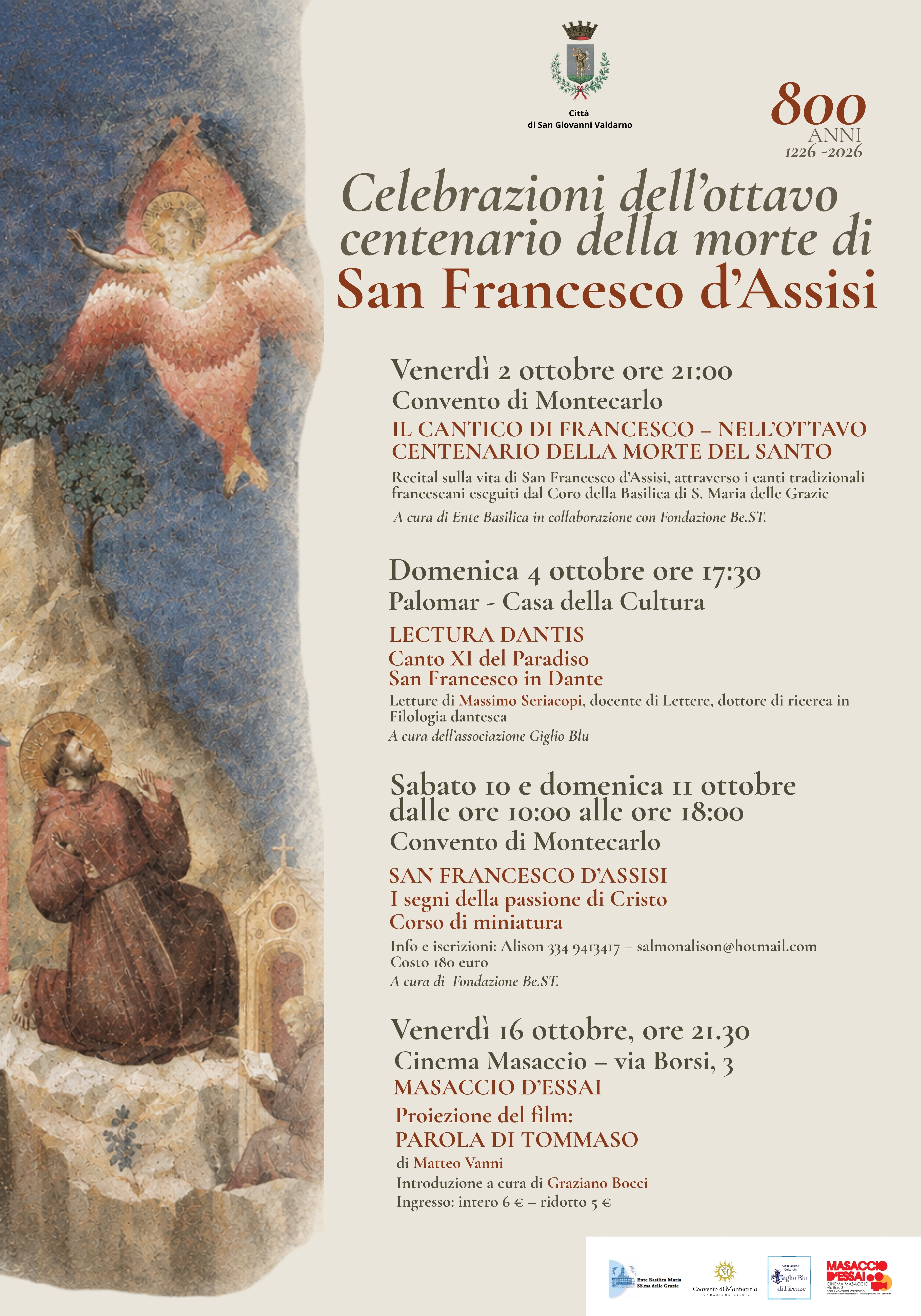 San Francesco, otto secoli dopo: a San Giovanni Valdarno un calendario di iniziative tra musica, letteratura, arte e cinema