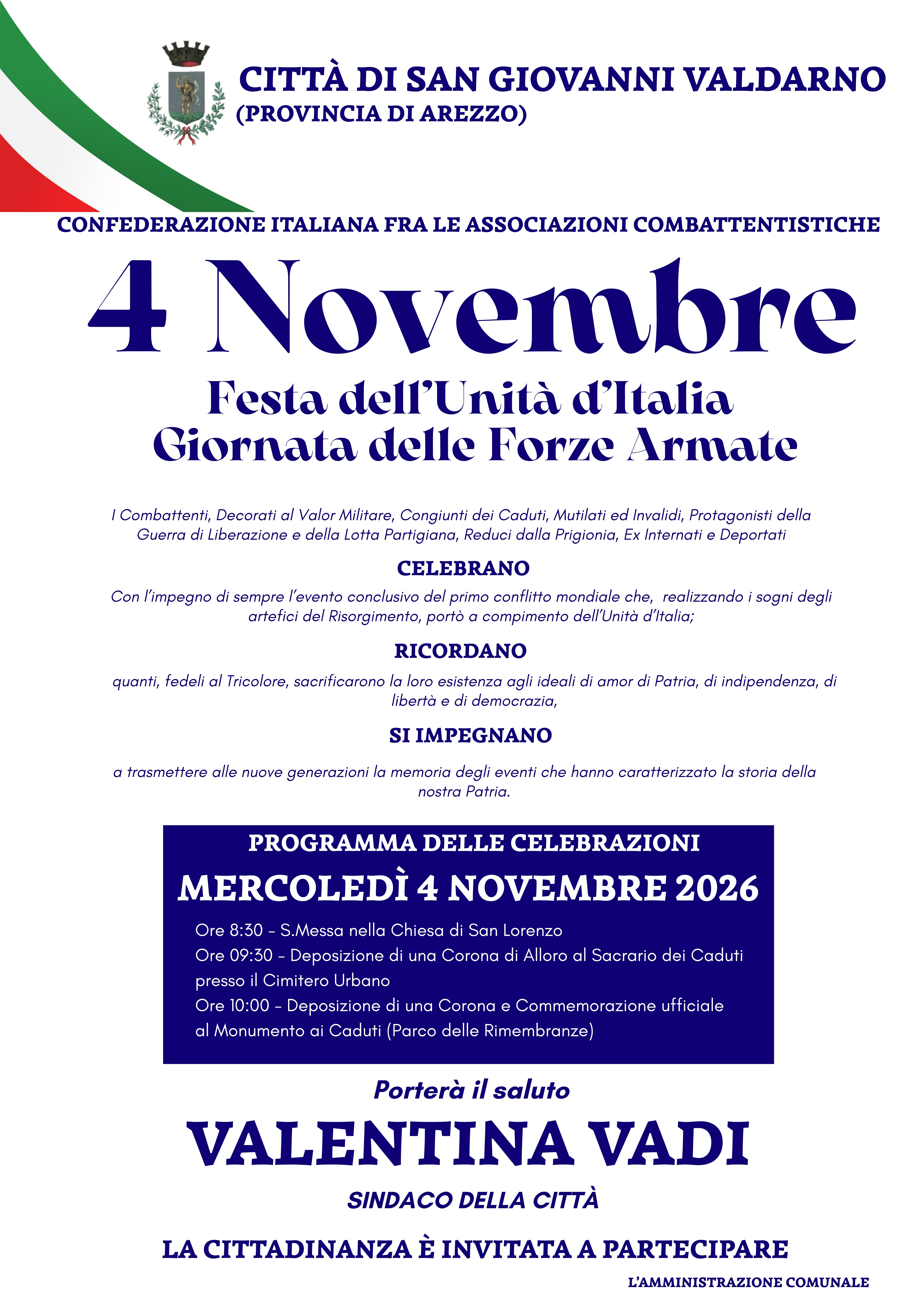 4 Novembre, Festa dell’Unità nazionale e Giornata delle Forze Armate. Le celebrazioni a San Giovanni Valdarno