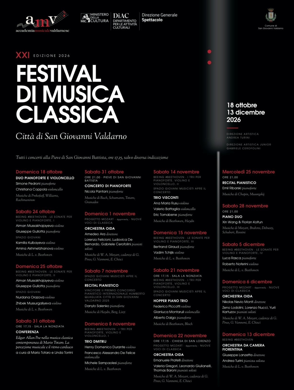 Grande musica e grandi interpreti per la XXI edizione del Festival di musica classica Città di San Giovanni Valdarno